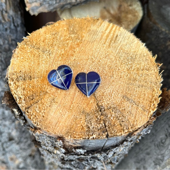 Southwestern Inspired Sterling Silver and Lapis Heart Earrings - Post Style - Picture 3 of 14
